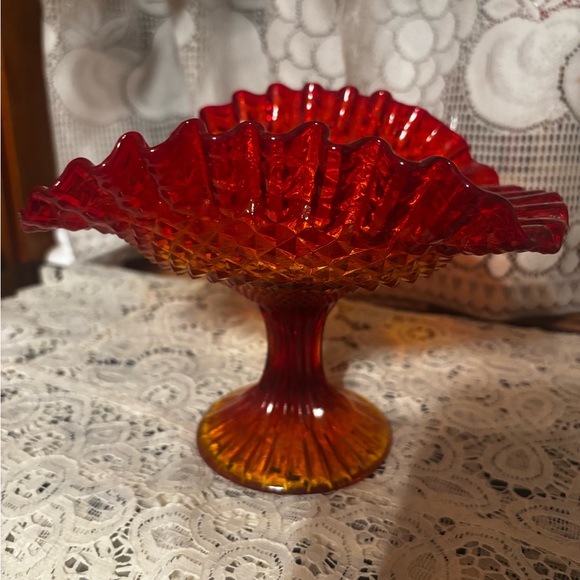 Red and Orange Glass Pedestal Bowl carnival glass gorgeous !! - Picture 1 of 10